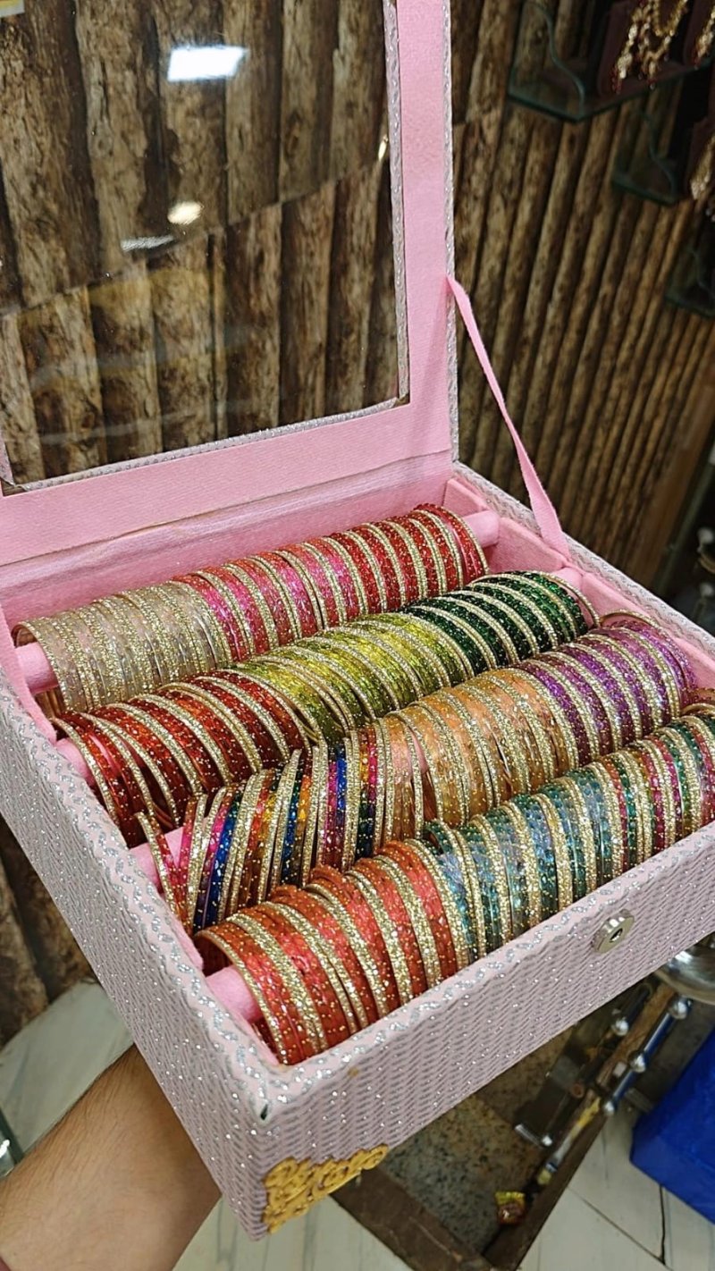 New Fancy Rain Drop Glass Bangles Set With Shadow Stone Combo Box